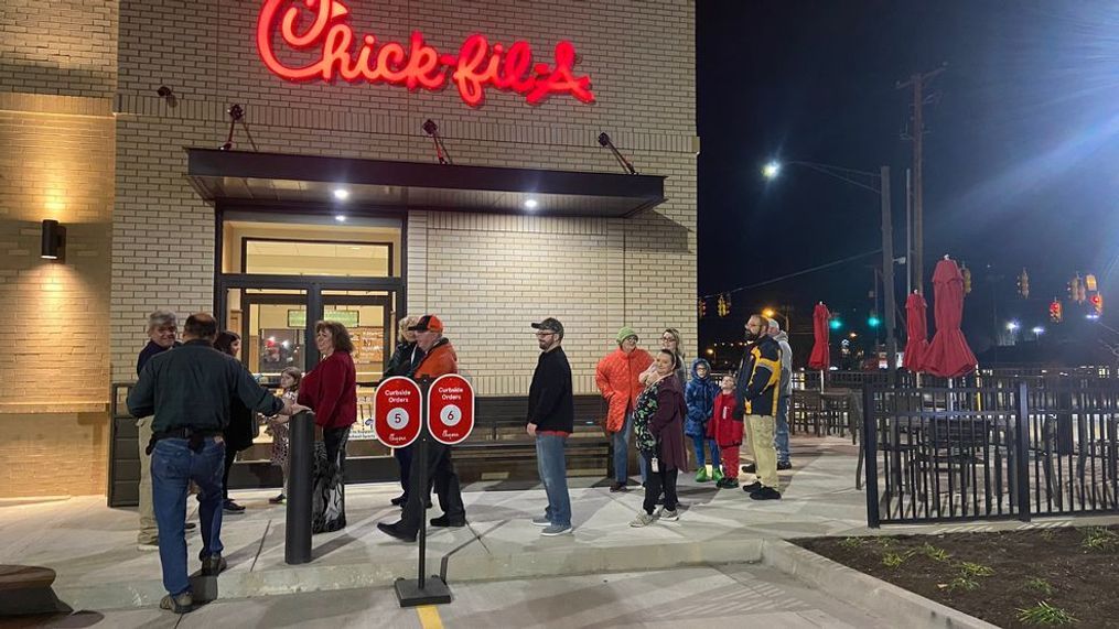 Dozens came out for the first day of the MacCorkle Ave Chick-fil-A opening. (WCHS)