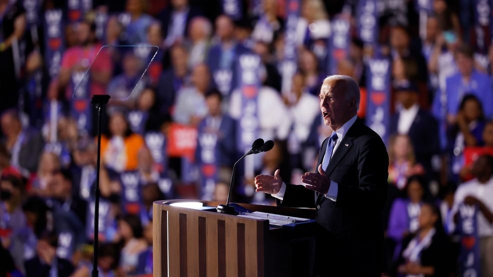 CHICAGO, ILLINOIS - AUGUST 19: U.S. President Joe Biden speaks onstage during the first day of the Democratic National Convention at the United Center on August 19, 2024 in Chicago, Illinois.  Delegates, politicians, and Democratic party supporters are in Chicago for the convention, concluding with current Vice President Kamala Harris accepting her party's presidential nomination. The DNC takes place from August 19-22. (Photo by Kevin Dietsch/Getty Images)