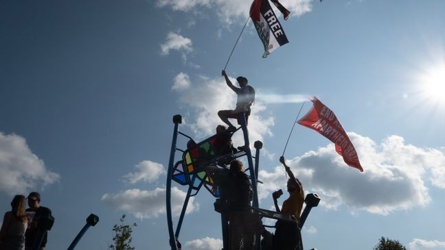 CHICAGO, ILLINOIS - AUGUST 19: Demonstrators protest in Park 578 near the United Center which is hosting the Democratic National Convention (DNC) on August 19, 2024 in Chicago, Illinois. The convention runs through August 22. (Photo by Scott Olson/Getty Images)