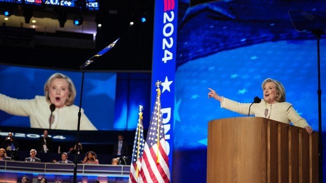 CHICAGO, ILLINOIS - AUGUST 19: Former U.S. Secretary of State Hillary Clinton speaks onstage during the first day of the Democratic National Convention at the United Center on August 19, 2024 in Chicago, Illinois.  Delegates, politicians, and Democratic party supporters are in Chicago for the convention, concluding with current Vice President Kamala Harris accepting her party's presidential nomination. The DNC takes place from August 19-22. (Photo by Andrew Harnik/Getty Images)