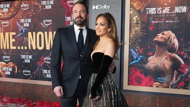 FILE - Ben Affleck, left, and Jennifer Lopez arrive at the premiere of "This Is Me... Now: A Love Story" on Feb. 13, 2024, in Los Angeles. (Photo by Jordan Strauss/Invision/AP, File)