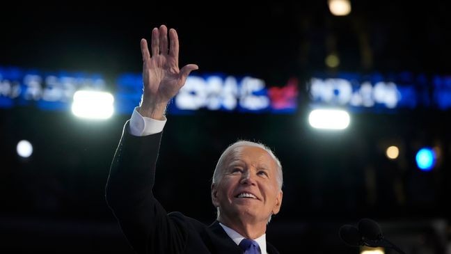 President Joe Biden speaks during the first day of Democratic National Convention, Monday, Aug. 19, 2024, in Chicago. (AP Photo/Jacquelyn Martin)