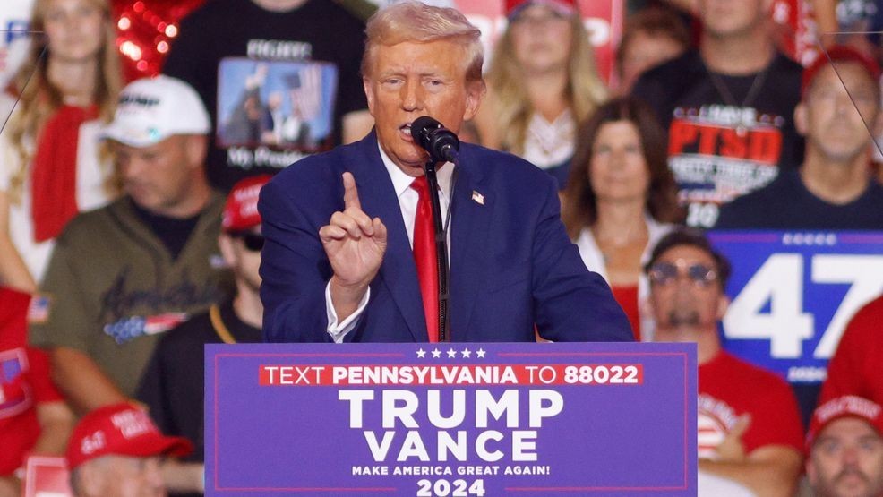 Republican presidential nominee former President Donald Trump speaks at a campaign rally at the Mohegan Sun Arena at Casey Plaza in Wilkes-Barre, Pa., Saturday, Aug. 17, 2024. (AP Photo/Laurence Kesterson)