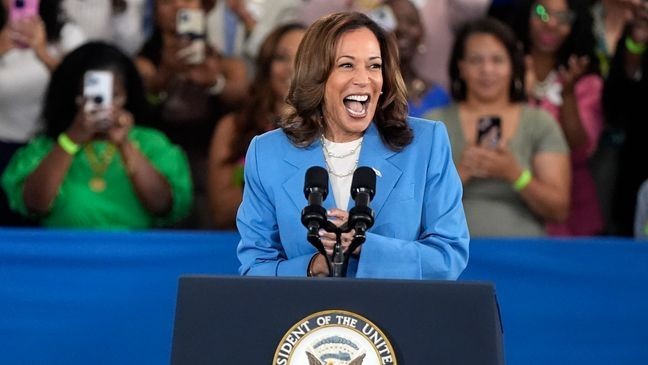 Democratic presidential nominee Vice President Kamala Harris speaks at a campaign event at Hendrick Center for Automotive Excellence on the Scott Northern Wake Campus of Wake Tech Community College in Raleigh, N.C., Friday, Aug. 16, 2024. (AP Photo/Mike Stewart)