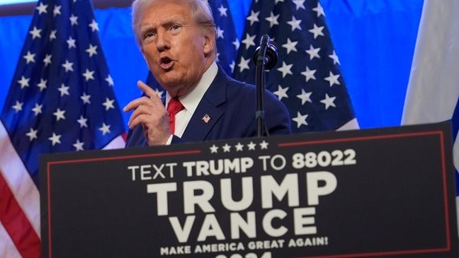 Republican presidential nominee former President Donald Trump speaks during an event on combating antisemitism at Trump National Golf Club, Thursday, Aug. 15, 2024, in Bedminster, N.J. (AP Photo/Julia Nikhinson)