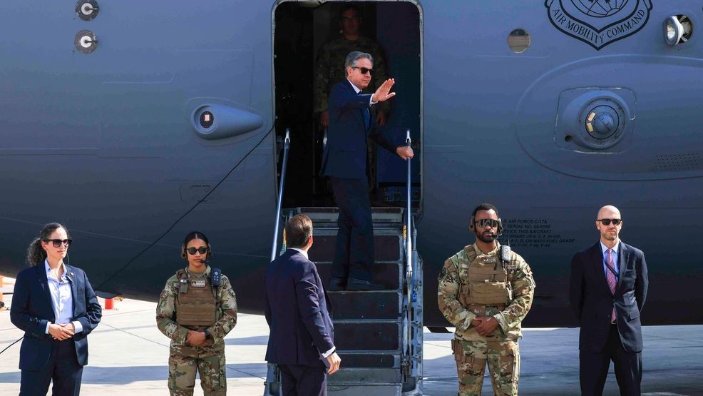 U.S. Secretary of State Antony Blinken gestures as he departs for Egypt, in Tel Aviv, Israel, Aug. 20, 2024. (Kevin Mohatt//Pool Photo via AP)