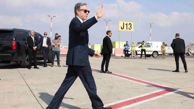 U.S. Secretary of State Antony Blinken gestures as he departs for Egypt, in Tel Aviv, Israel, Aug. 20, 2024. (Kevin Mohatt//Pool Photo via AP)