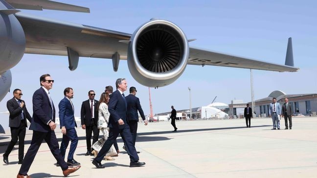 U.S. Secretary of State Antony Blinken walks after arriving at El-Alamein, Egypt, Tuesday, Aug.20, 2024. (Kevin Mohatt//Pool Photo via AP)