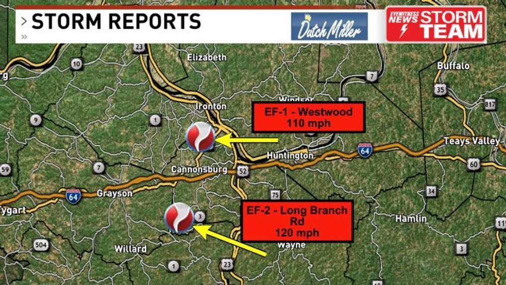 The National Weather Service has confirmed that at least two tornadoes touched down in Boyd County Tuesday morning. (WCHS)