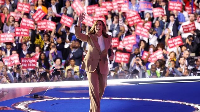 CHICAGO, ILLINOIS - AUGUST 19: Democratic presidential candidate, U.S. Vice President Kamala Harris speaks onstage during the first day of the Democratic National Convention at the United Center on August 19, 2024 in Chicago, Illinois.  Delegates, politicians, and Democratic party supporters are in Chicago for the convention, concluding with current Vice President Kamala Harris accepting her party's presidential nomination. The DNC takes place from August 19-22. (Photo by Kevin Dietsch/Getty Images)